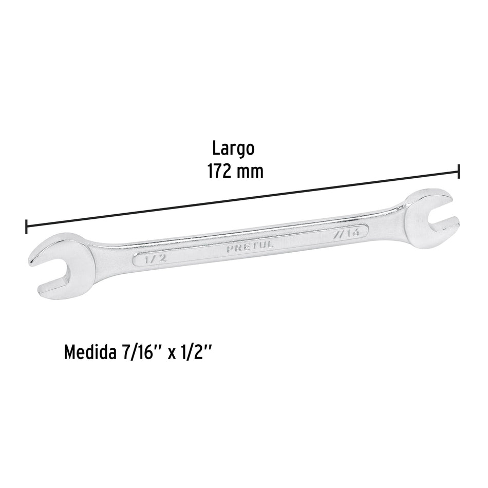 Llave española, 7/16 x 1/2' x 172 mm de largo, PRETUL Caja con 12, 21953