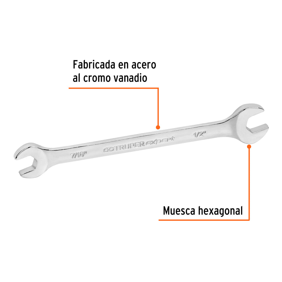 Llave española, 7/16 x 1/2' x 181 mm de largo, Truper Expert Caja con 6, 15686