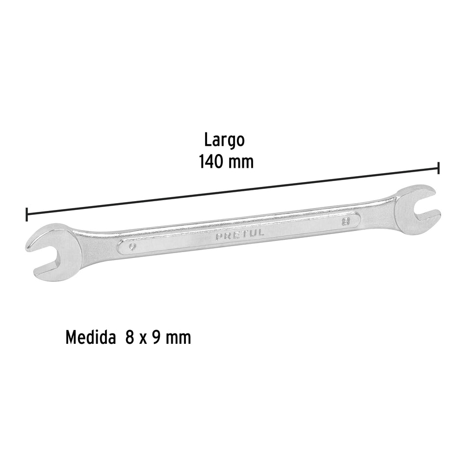 Llave española 8 x 9 mm x 140 mm de largo, PRETUL Caja con 12, 21971