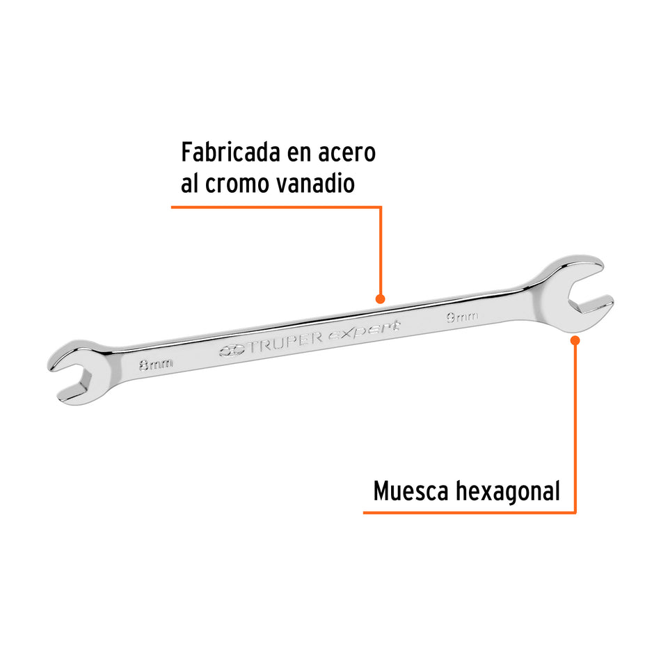 Llave española 8 x 9 mm x 145 mm de largo, Truper Expert Caja con 6, 15706