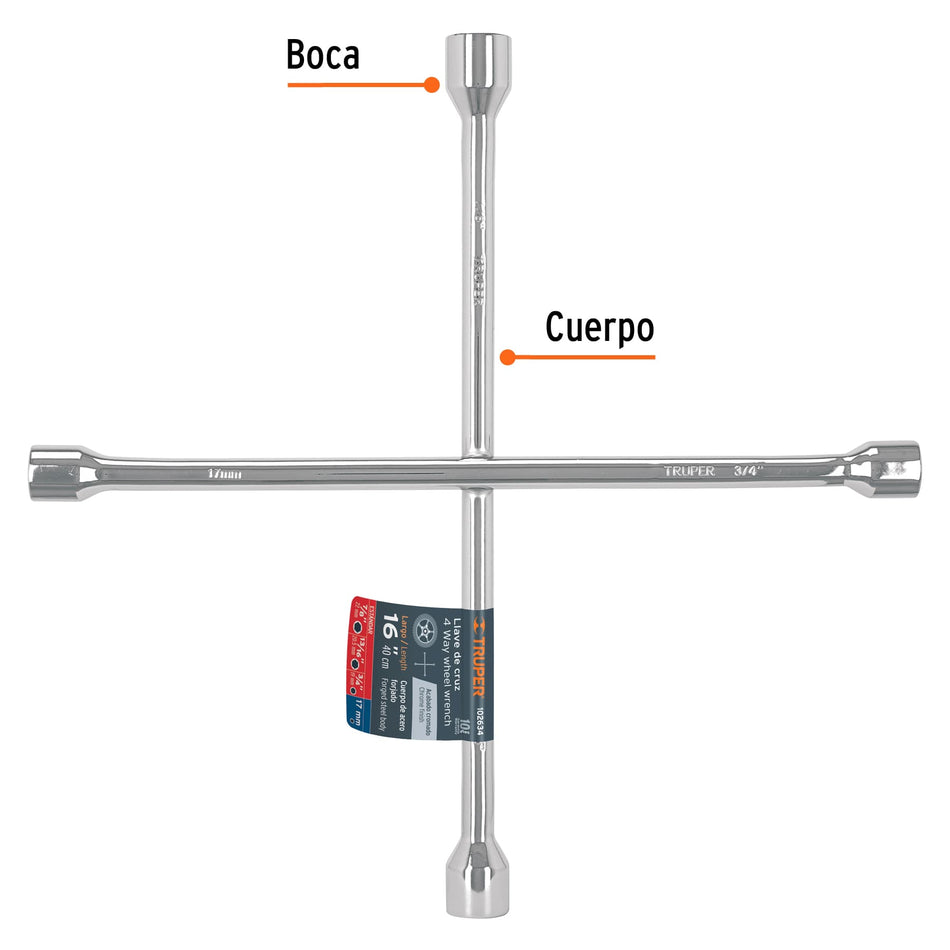 Llave de cruz 14' pulida y cromada, TRUPER Caja con 3, 102635