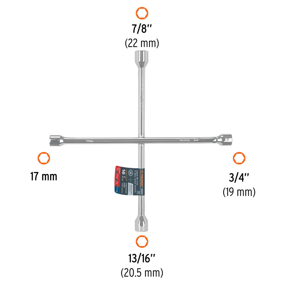 Llave de cruz 16' pulida y cromada, TRUPER Caja con 3, 102634