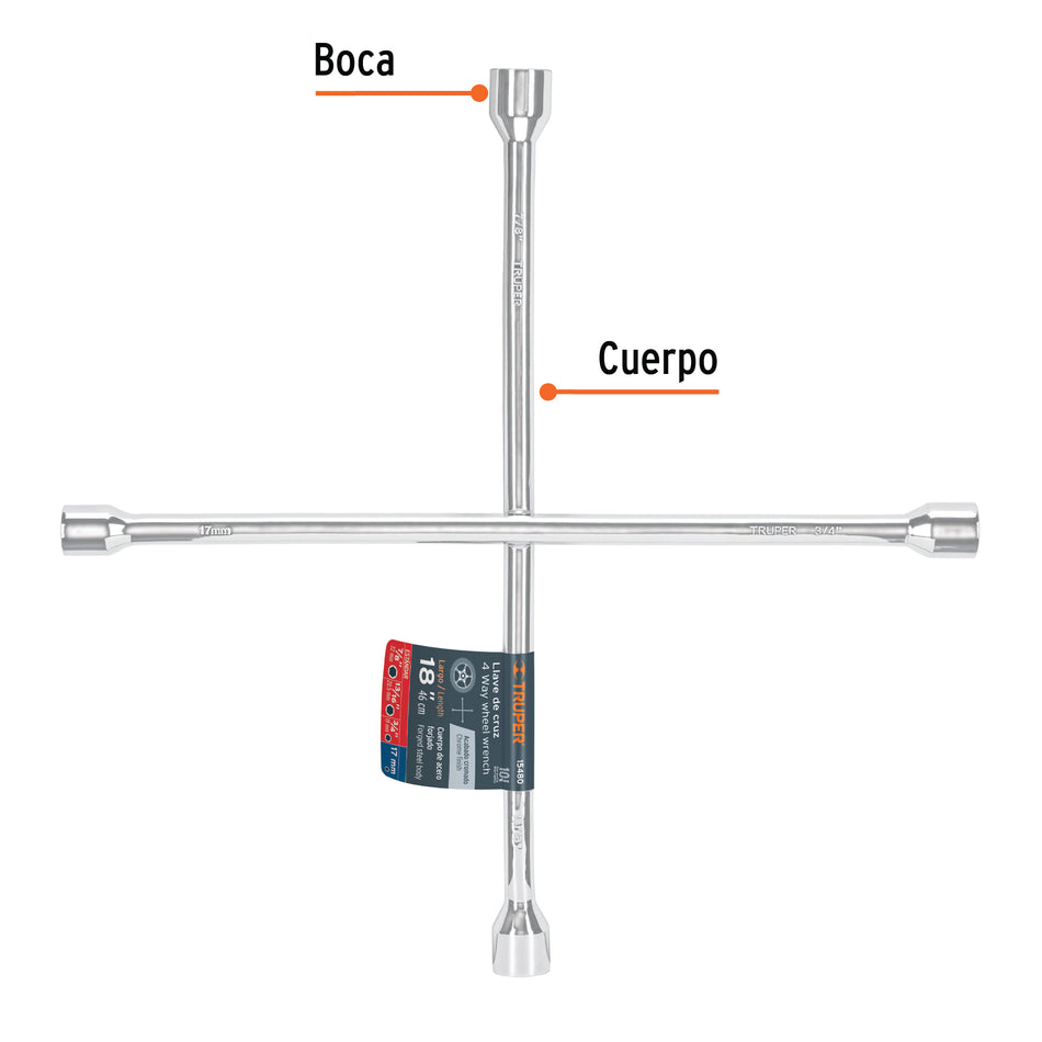 Llave de cruz 18' pulida y cromada, TRUPER Caja con 3, 15480