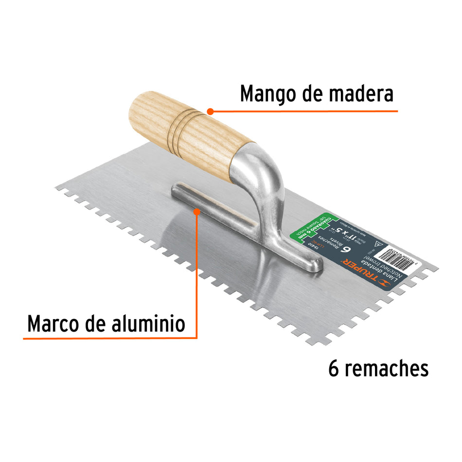 Llana 11' dentado cuadrado 1/4', 6 remaches, mgo madera Caja con 6, 15410