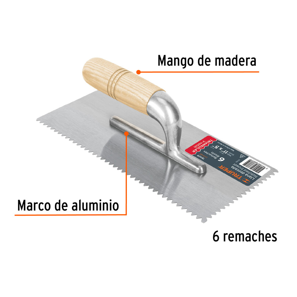 Llana 11' dentado triangular, 6 remaches, mgo madera, Truper Caja con 6, 15409