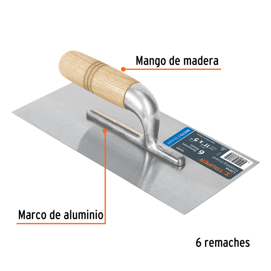 Llana 11' canto recto, 6 remaches, mgo madera, Truper Caja con 6, 15406
