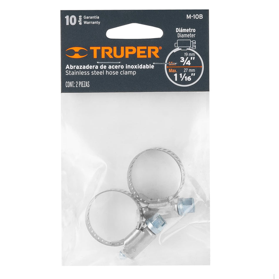 Bolsa c/2 abrazaderas sin fin # 10, 3/4 - 1-1/16', Truper Caja con 12, 10013