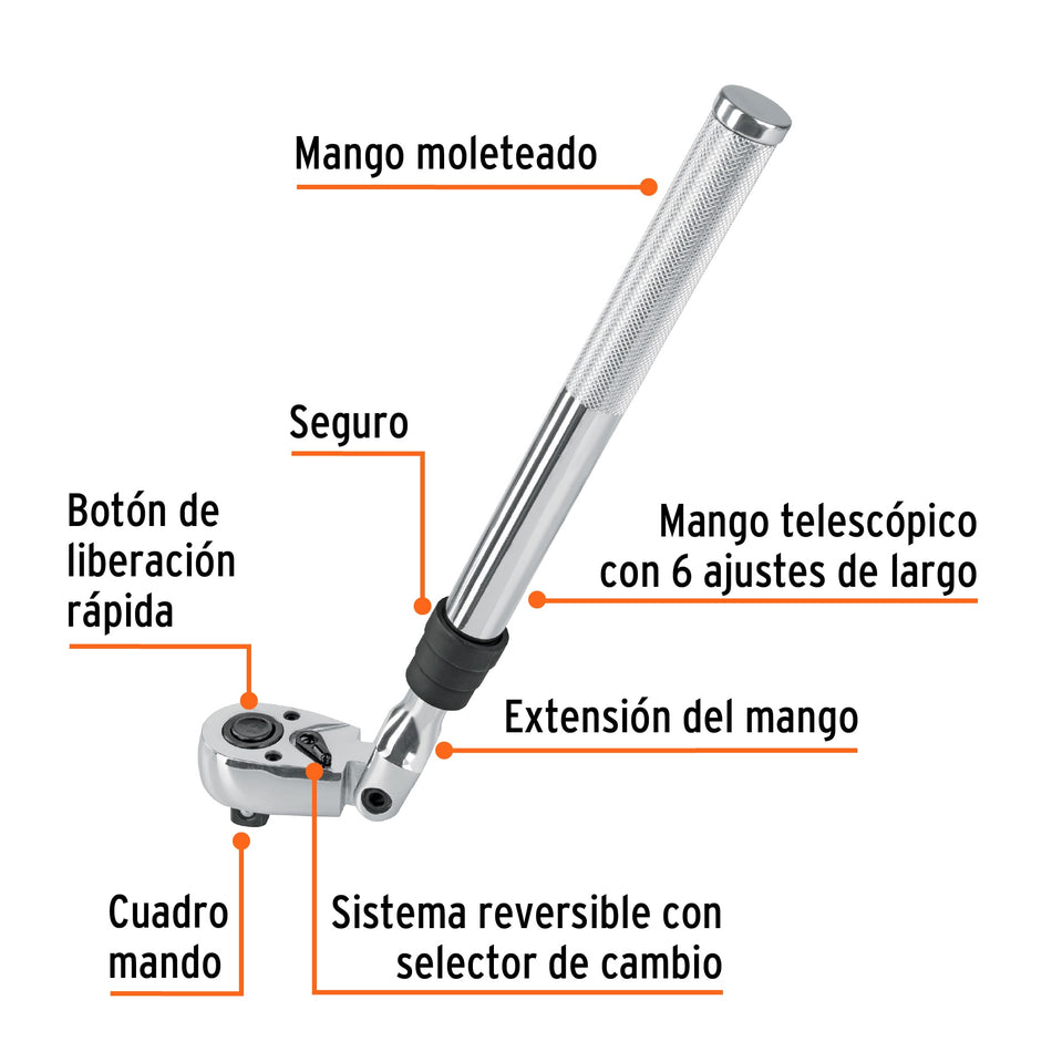 Matraca cuadro 1/2' telescópica de 19' con cabeza articulada, 13220