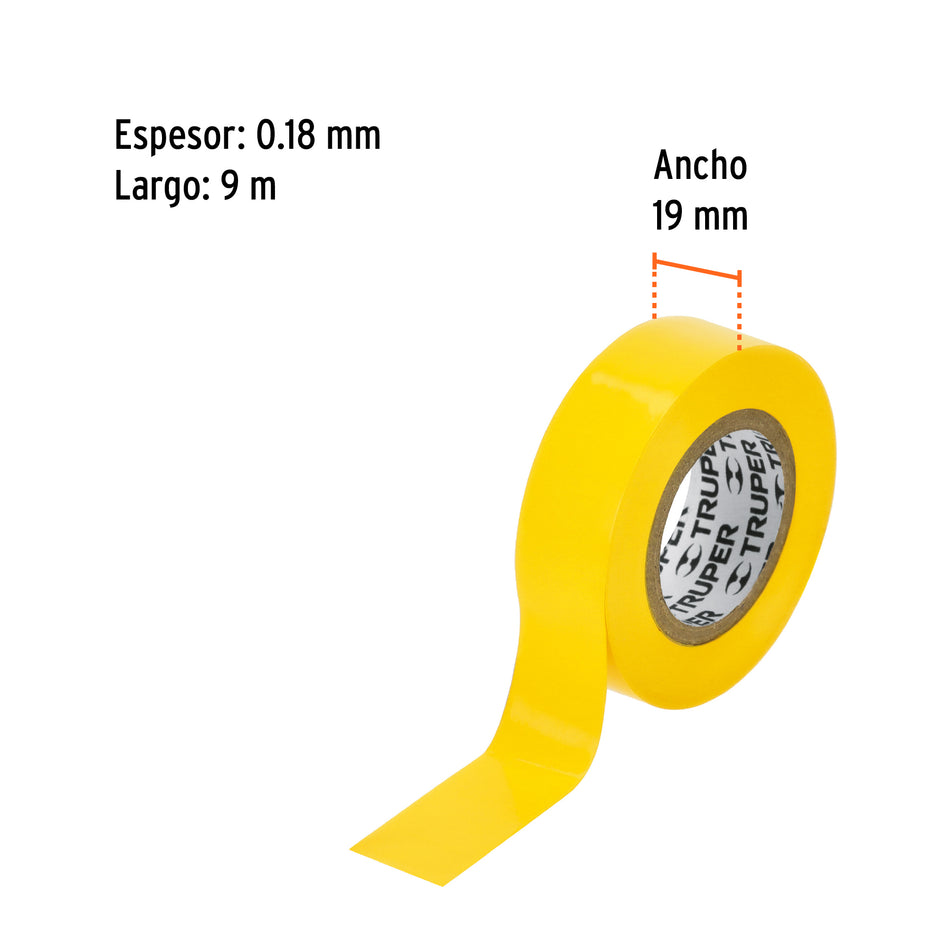 Cinta de aislar de 9 m x 19 mm, amarilla, Truper Caja con 8, 13512