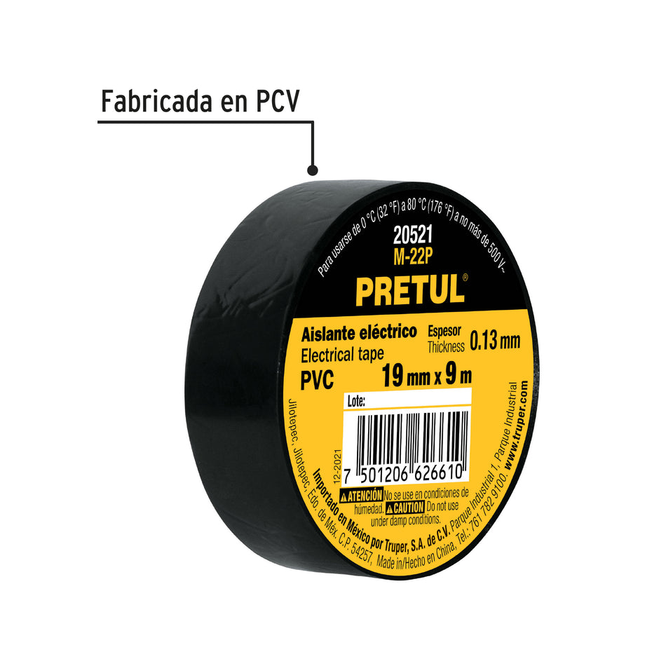 Cinta de aislar de 9 m x 19 mm, negra, Pretul Caja con 48, 20521