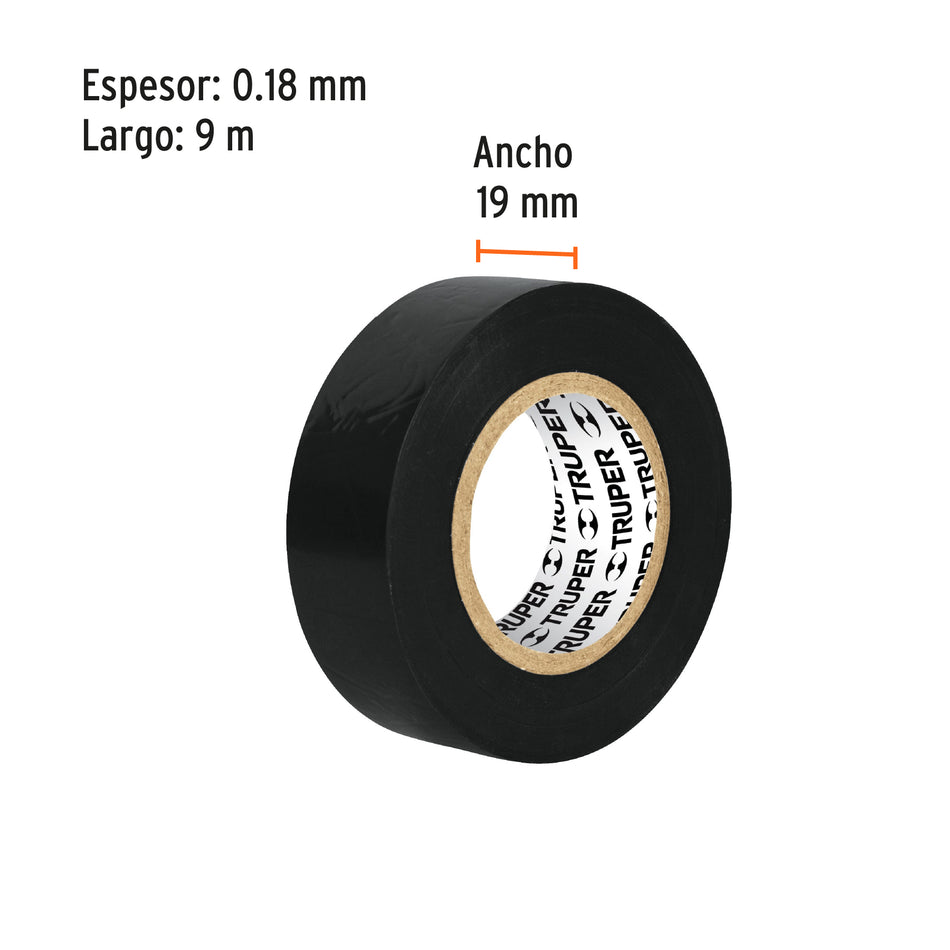 Cinta de aislar de 9 m x 19 mm, negra, Truper Caja con 48, 12501