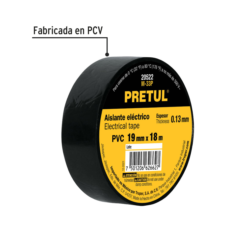Cinta de aislar de 18 m x 19 mm, negra, Pretul Caja con 48, 20522