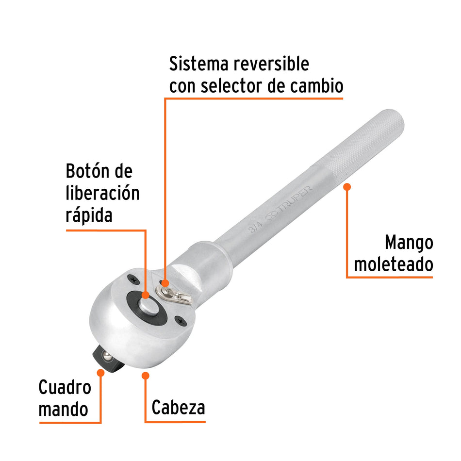 Matraca 3/4' cabeza pera sist. reversible liberación rápida, 13900