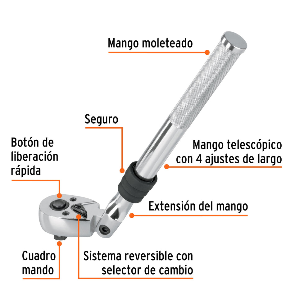 Matraca cuadro 3/8' telescópica de 14' con cabeza articulada, 13219