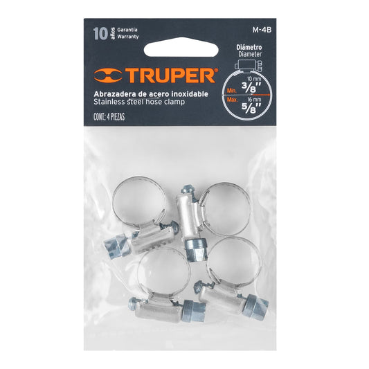 Bolsa c/4 abrazaderas sin fin # 4, 3/8 - 5/8', Truper Caja con 12, 10021