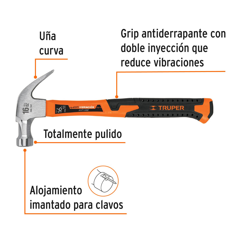 Martillo 16 oz uña curva, mango fibra de vidrio, Truper Caja con 4, 19710