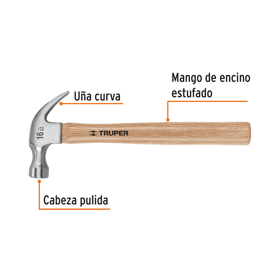 Martillo pulido, 16 oz, uña curva, mango madera, TRUPER Caja con 6, 16752