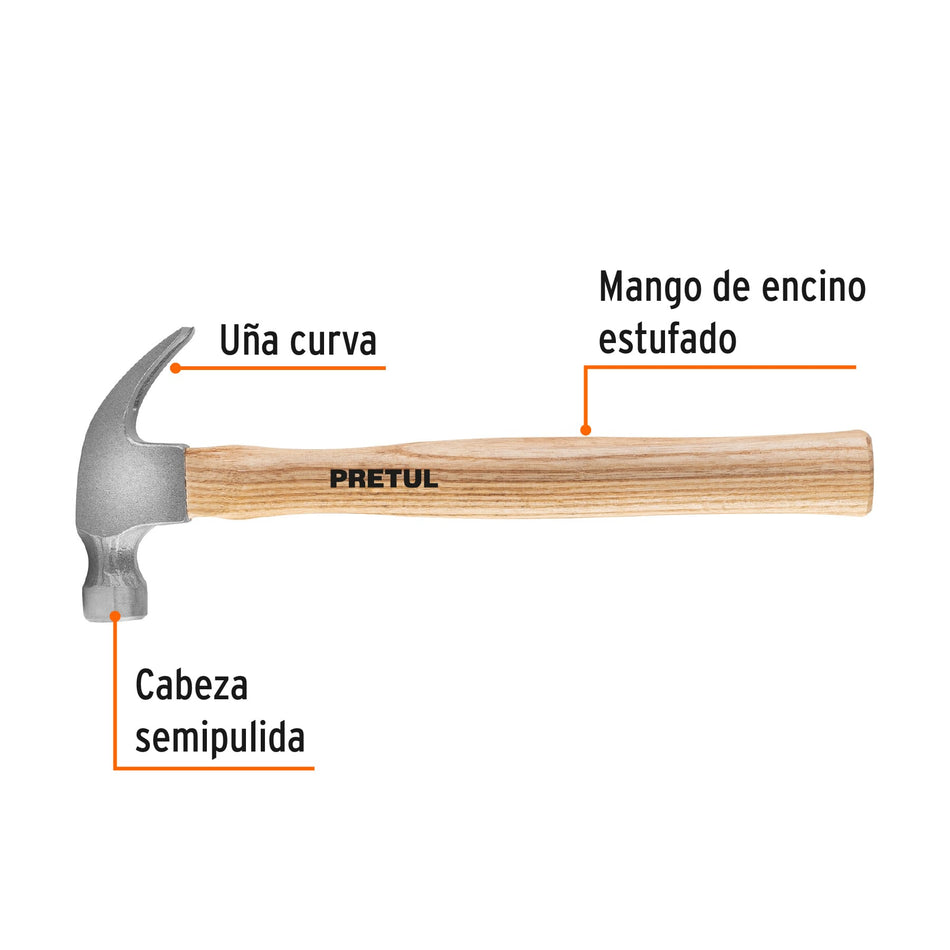 Martillo semipulido, 7 oz, uña curva, PRETUL Caja con 6, 25000