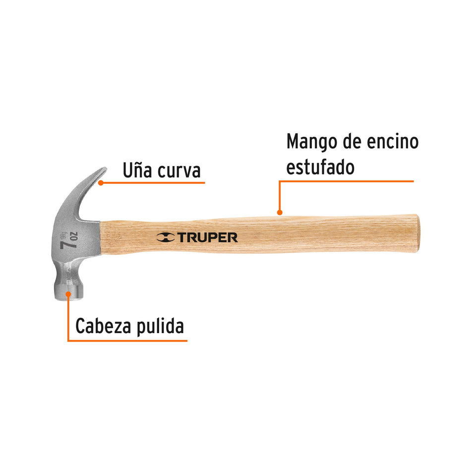 Martillo pulido, 7 oz, uña curva, mango madera, TRUPER Caja con 6, 16750