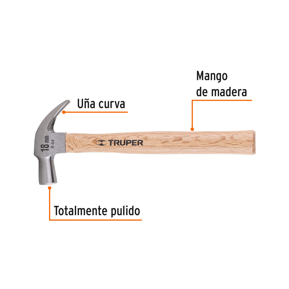Martillo cabeza cónica 18 mm uña curva, mango madera, TRUPER Caja con 6, 10554