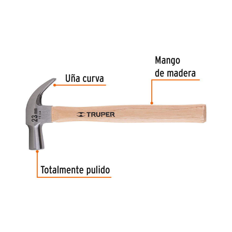 Martillo cabeza cónica 23 mm uña curva, mango madera, TRUPER Caja con 6, 10557