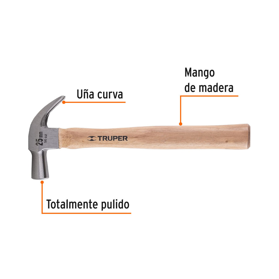 Martillo cabeza cónica 25 mm uña curva, mango madera, TRUPER Caja con 6, 10558