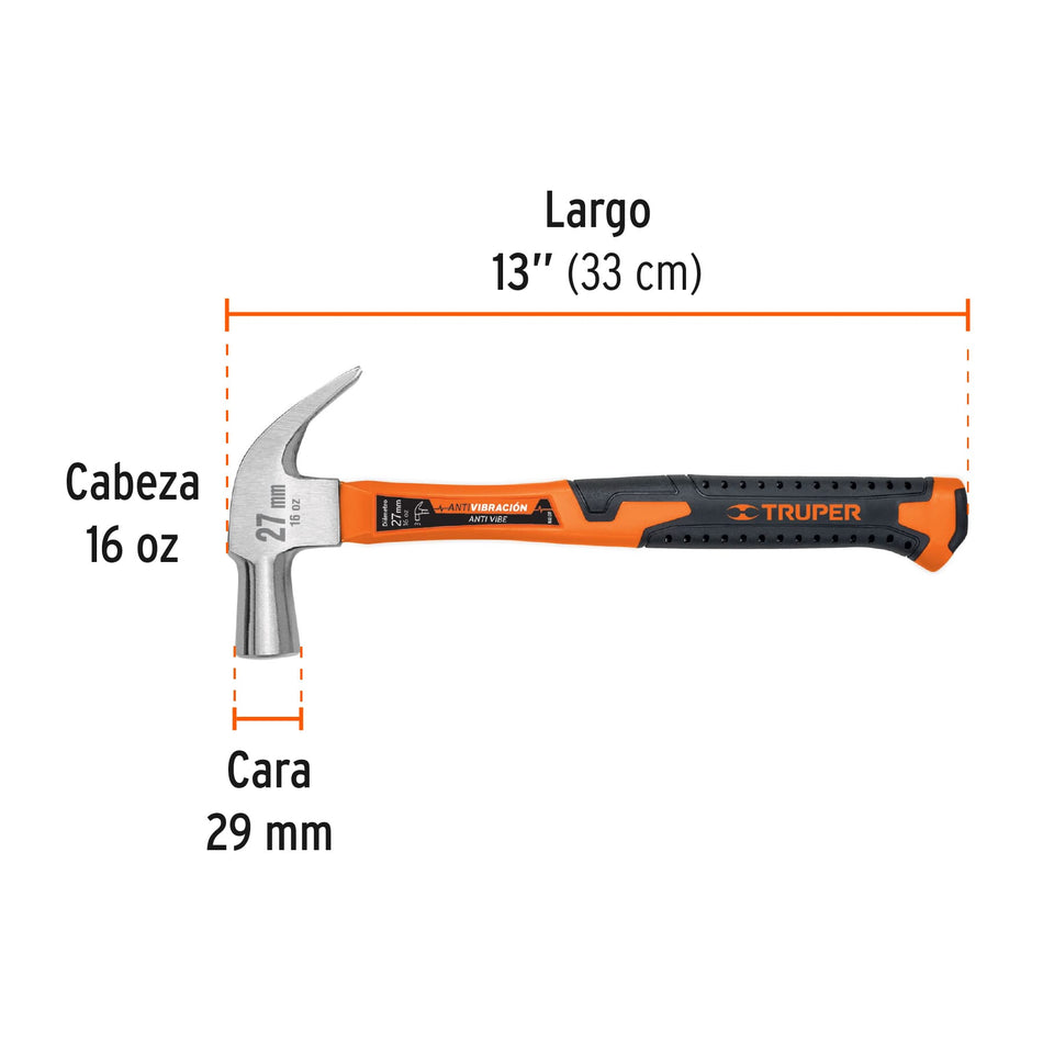 Martillo cabeza cónica 29 mm uña curva, mango fibra vidrio Caja con 6, 10851