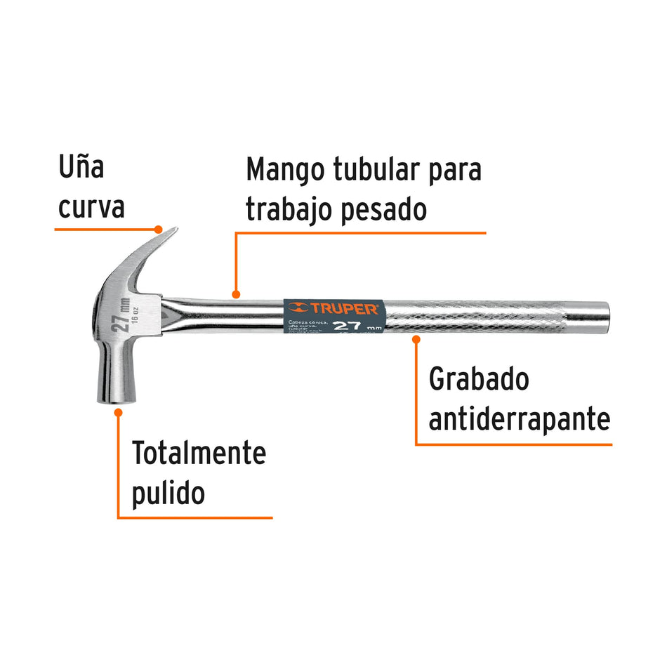 Martillo cabeza cónica 27 mm uña curva, mango tubular,TRUPER Caja con 4, 10914