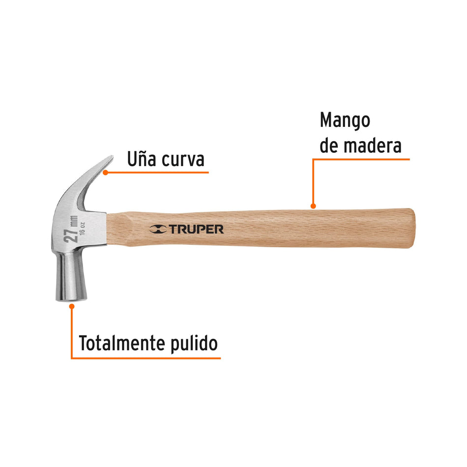 Martillo cabeza cónica 27 mm uña curva, mango madera, TRUPER Caja con 6, 10560