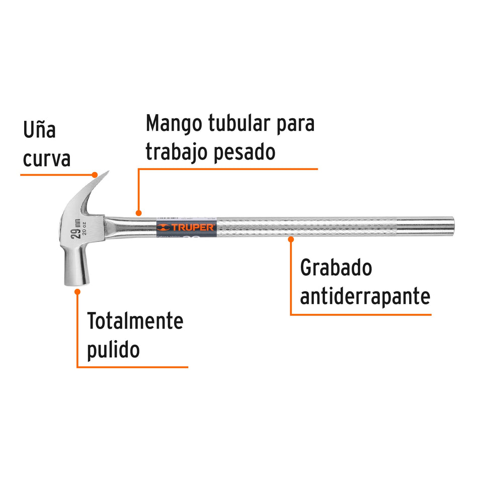 Martillo cabeza cónica 29 mm uña curva, mango tubular,TRUPER Caja con 4, 11175