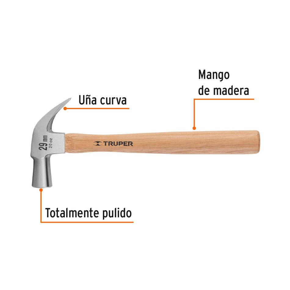 Martillo cabeza cónica 29 mm uña curva, mango madera, TRUPER Caja con 6, 10561