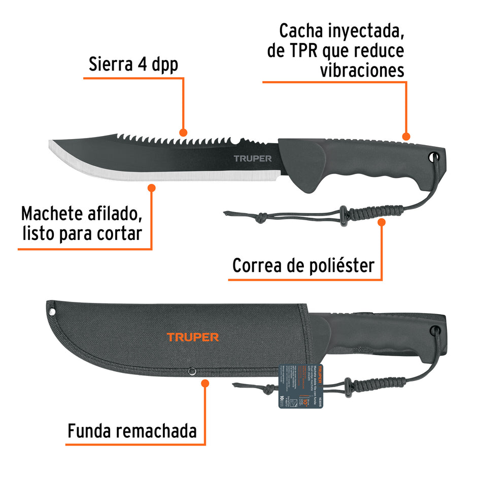 Machete doble filo 10', cacha inyectada, con funda, TRUPER Caja con 3, 103015