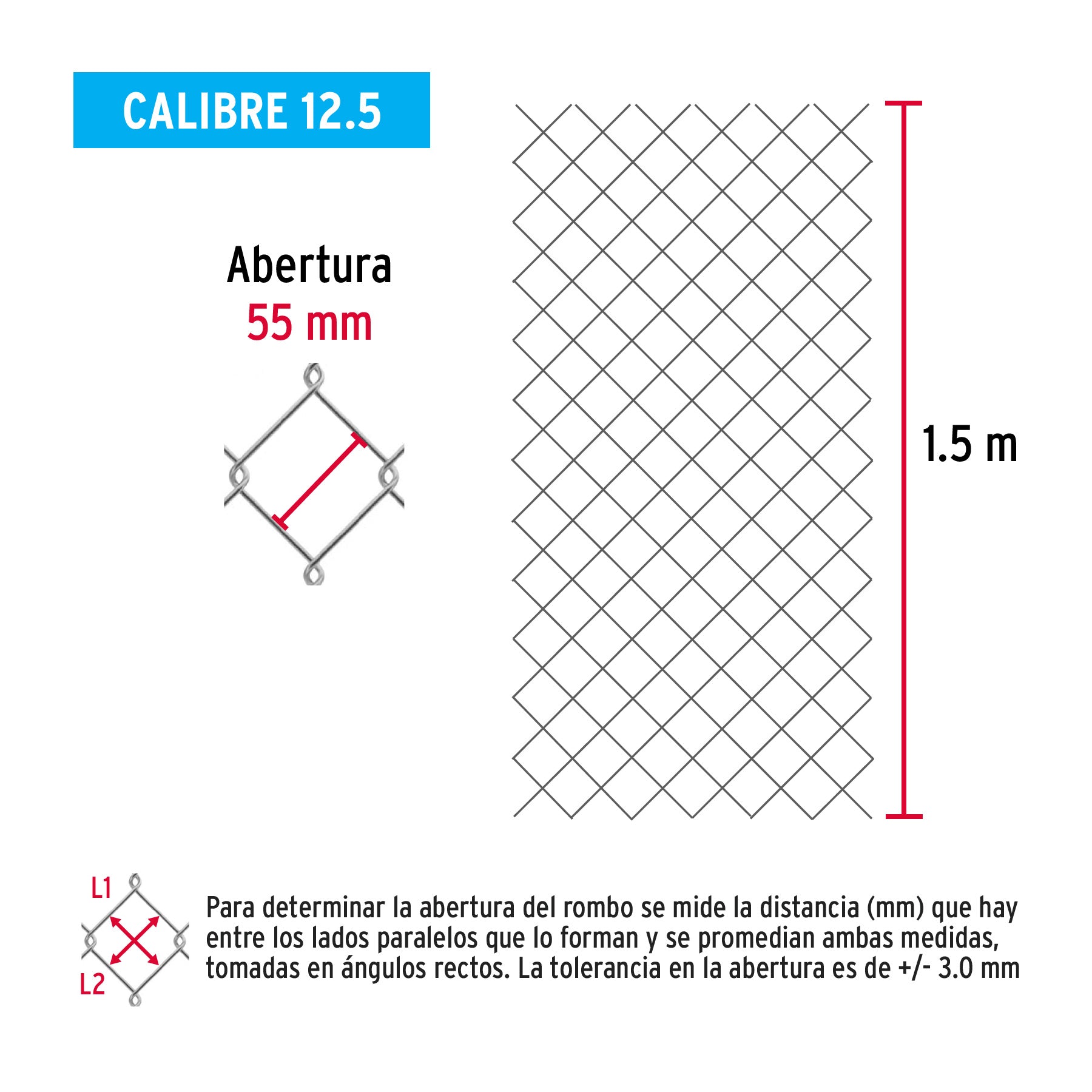 Rollo malla ciclónica cal.12.5, 1.5x20m, abertura 55mm 39kg, 42949