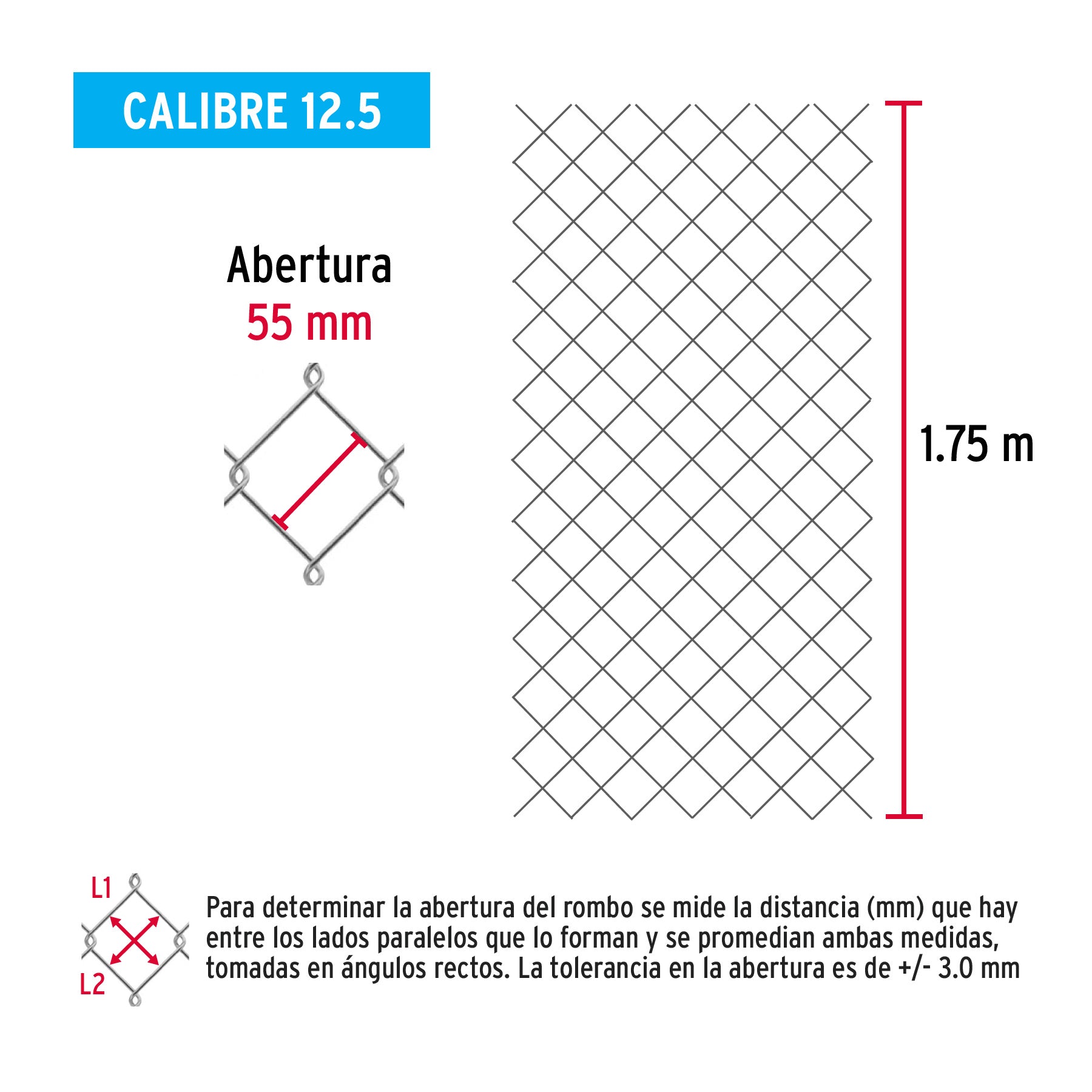 Rollo malla ciclónica cal.12.5, 1.75x20m, abertura 55mm 46kg, 42950