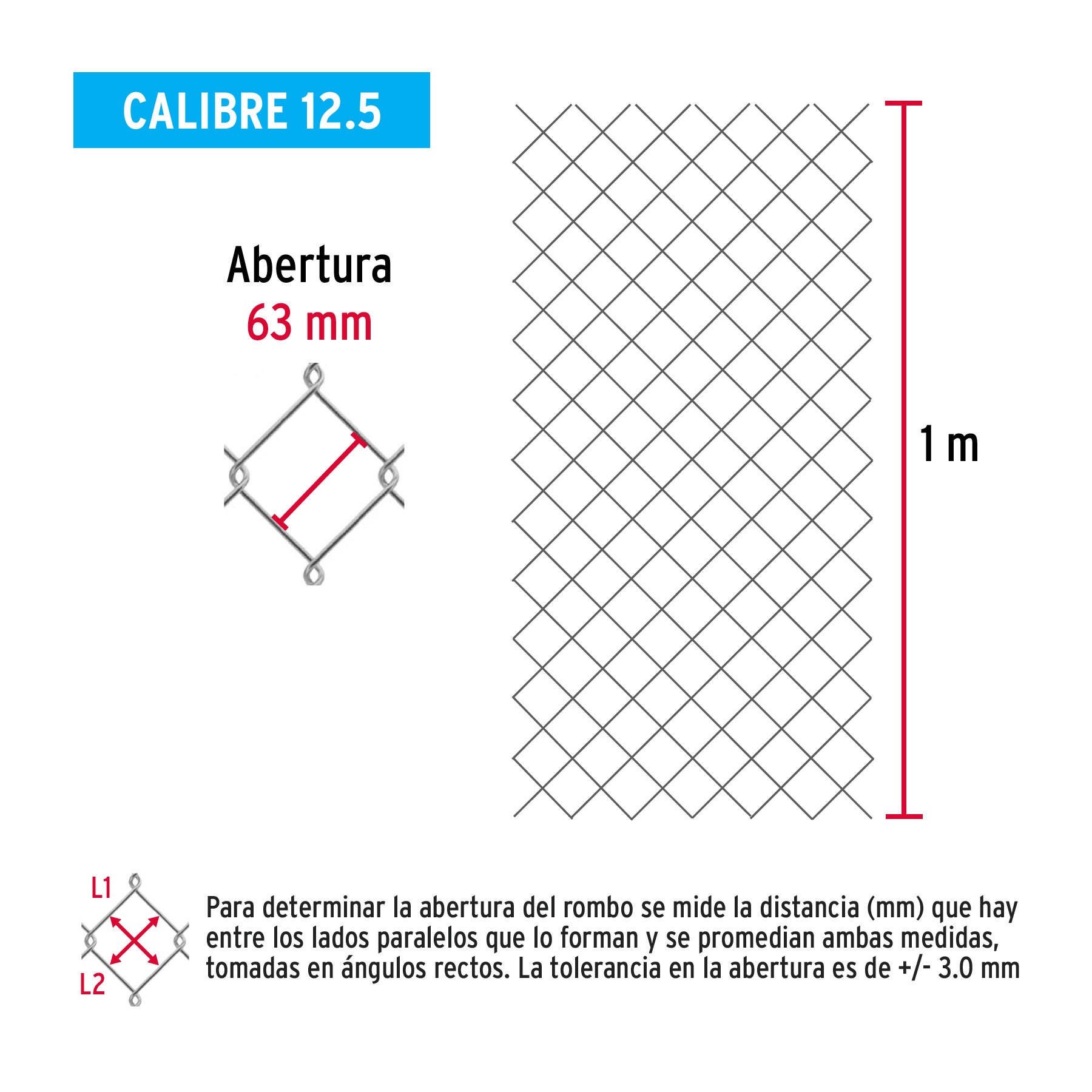 Rollo malla ciclónica cal.12.5, 1x20m, abertura 63mm 24kg, 42952