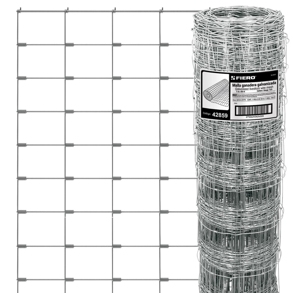Rollo malla borreguera, 1m x 50m acero galvanizado, 23kg, 42859