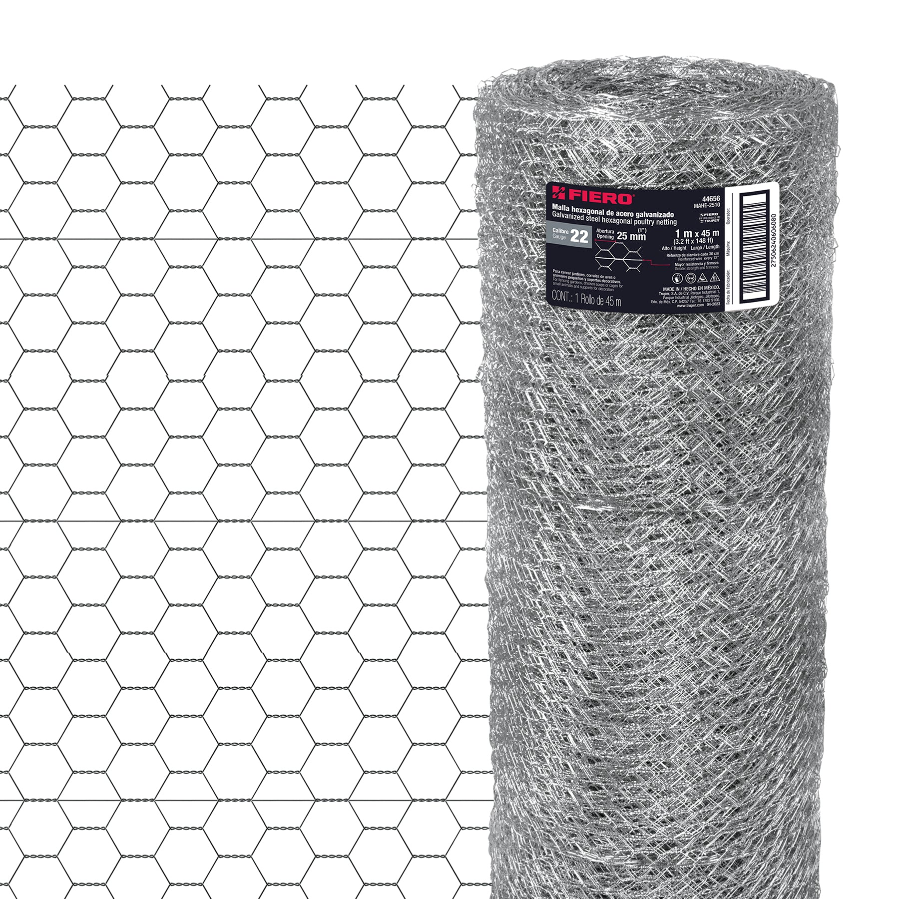 Rollo malla hexagonal cal.22, 1x 45m, abertura 25mm, 13kg, 44656