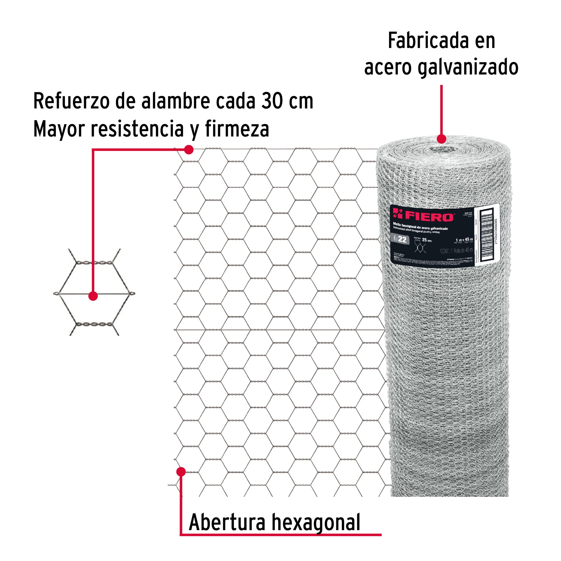 Rollo malla hexagonal cal.22, 1x 45m, abertura 25mm, 13kg, 44656