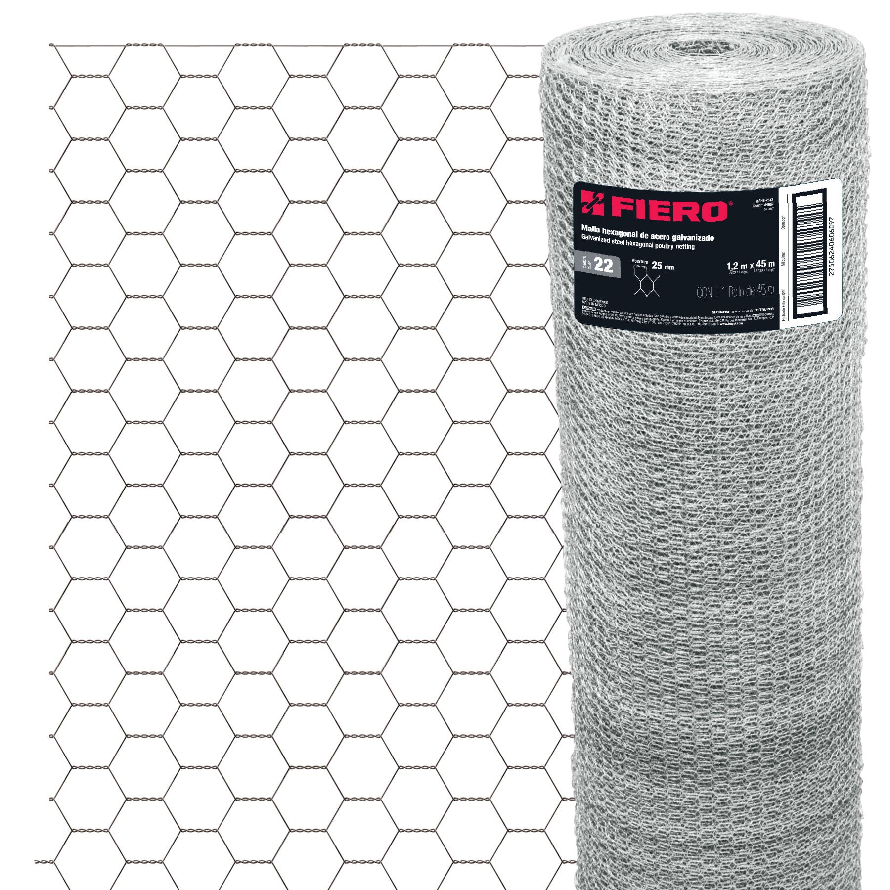 Rollo malla hexagonal cal.22, 1.2x 45m, abertura 25mm, 16kg, 44657