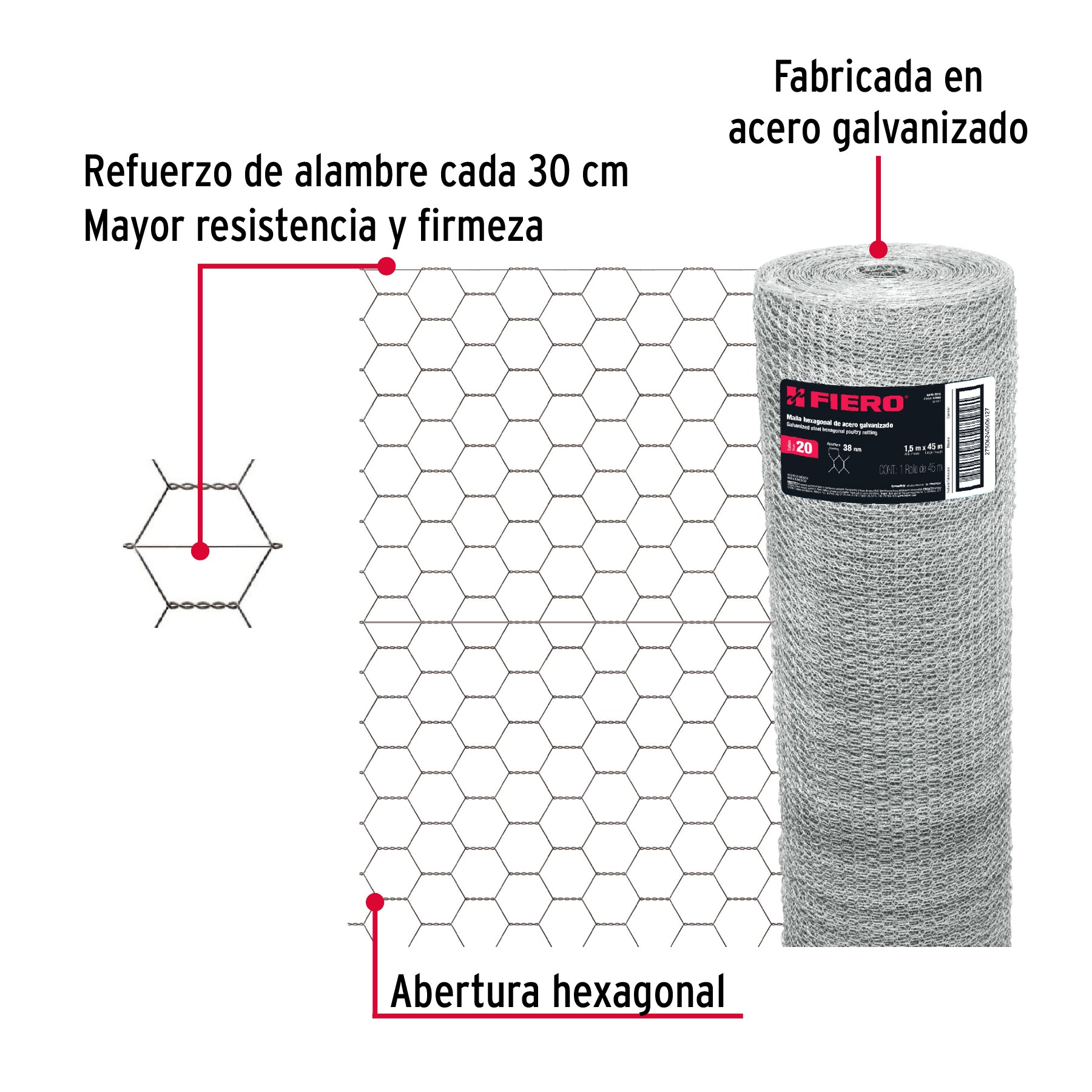 Rollo malla hexagonal cal.20, 1.5x 45m, abertura 38mm, 21kg, 44660