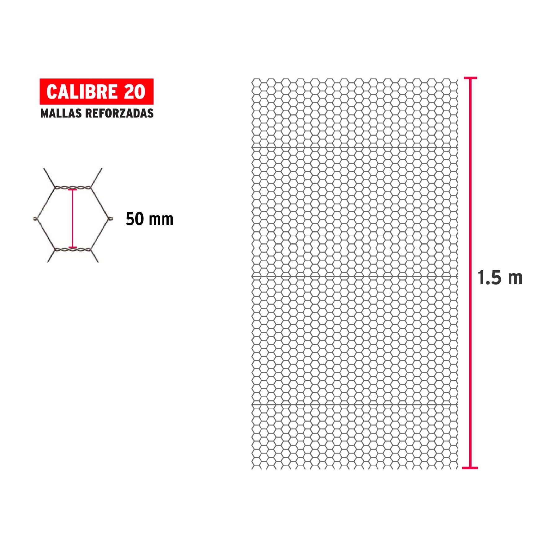 Rollo malla hexagonal cal.20, 1.5x 45m, abertura 50mm, 15kg, 44662