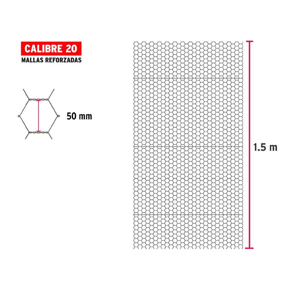 Rollo malla hexagonal cal.20, 1.5x 45m, abertura 50mm, 15kg, 44662