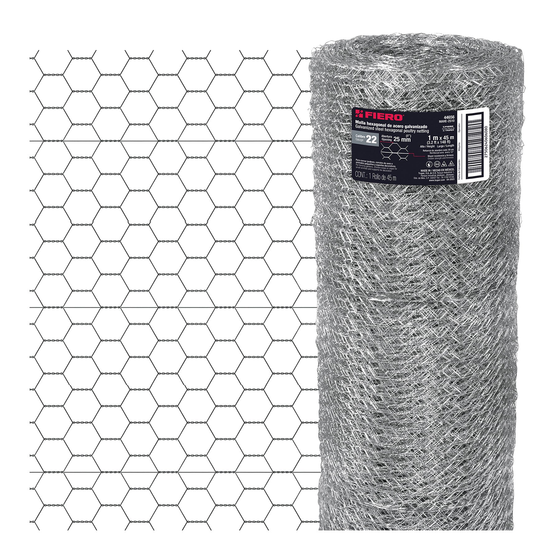 Rollo malla hexagonal cal.20, 1.5x 45m, abertura 50mm, 15kg, 44662