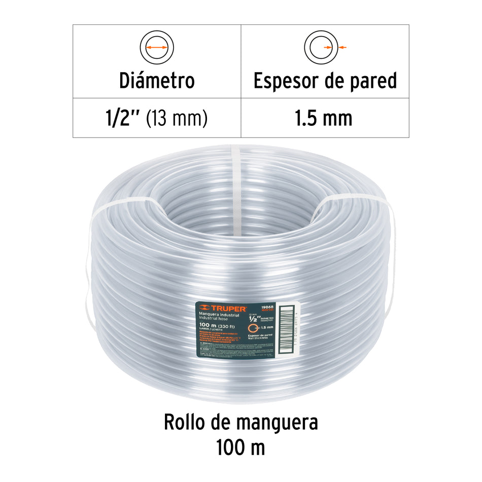 Metro de manguera 1/2' industrial en rollo de 100 m, Truper Caja con 100, 19868
