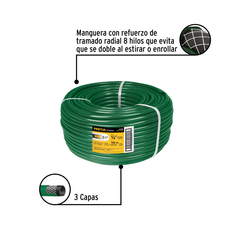 Metro de manguera 1/2' 3 capas en rollo de 100 m, Pretul Caja con 100, 25046