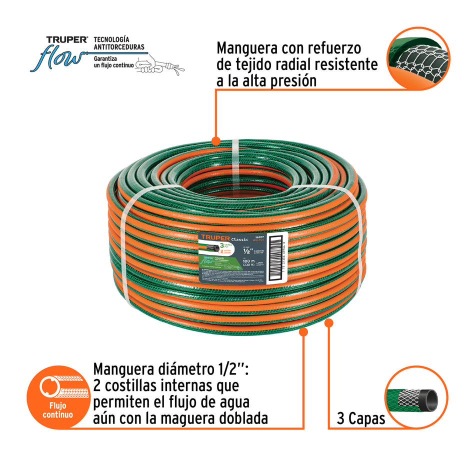 Metro de manguera 1/2' 3 capas en rollo de 100 m, Truper Caja con 100, 19857