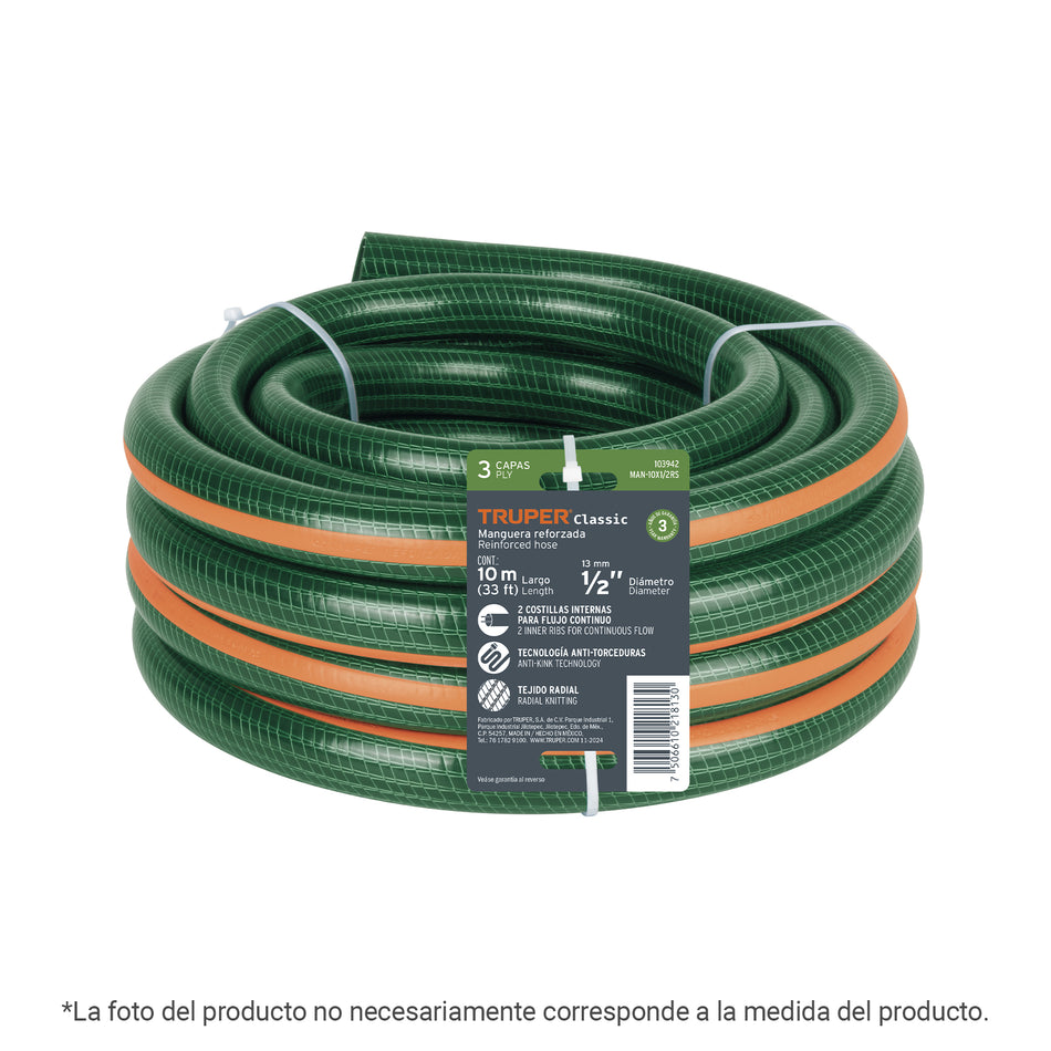 Manguera de jardín 1/2', 3 capas, 10m, sin conexiones TRUPER Caja con 5, 103942