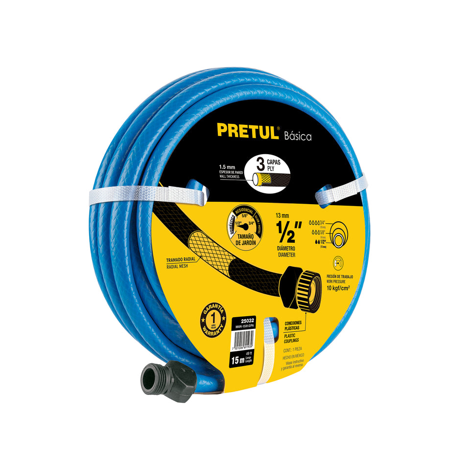 Manguera azul 1/2' 3 capas 15 m conexiones plásticas, PRETUL Caja con 6, 25032