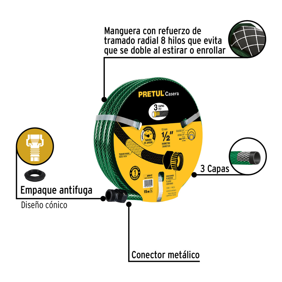 Manguera 1/2' reforzada 3 capas conexiones metal 15m, Pretul Caja con 6, 20656