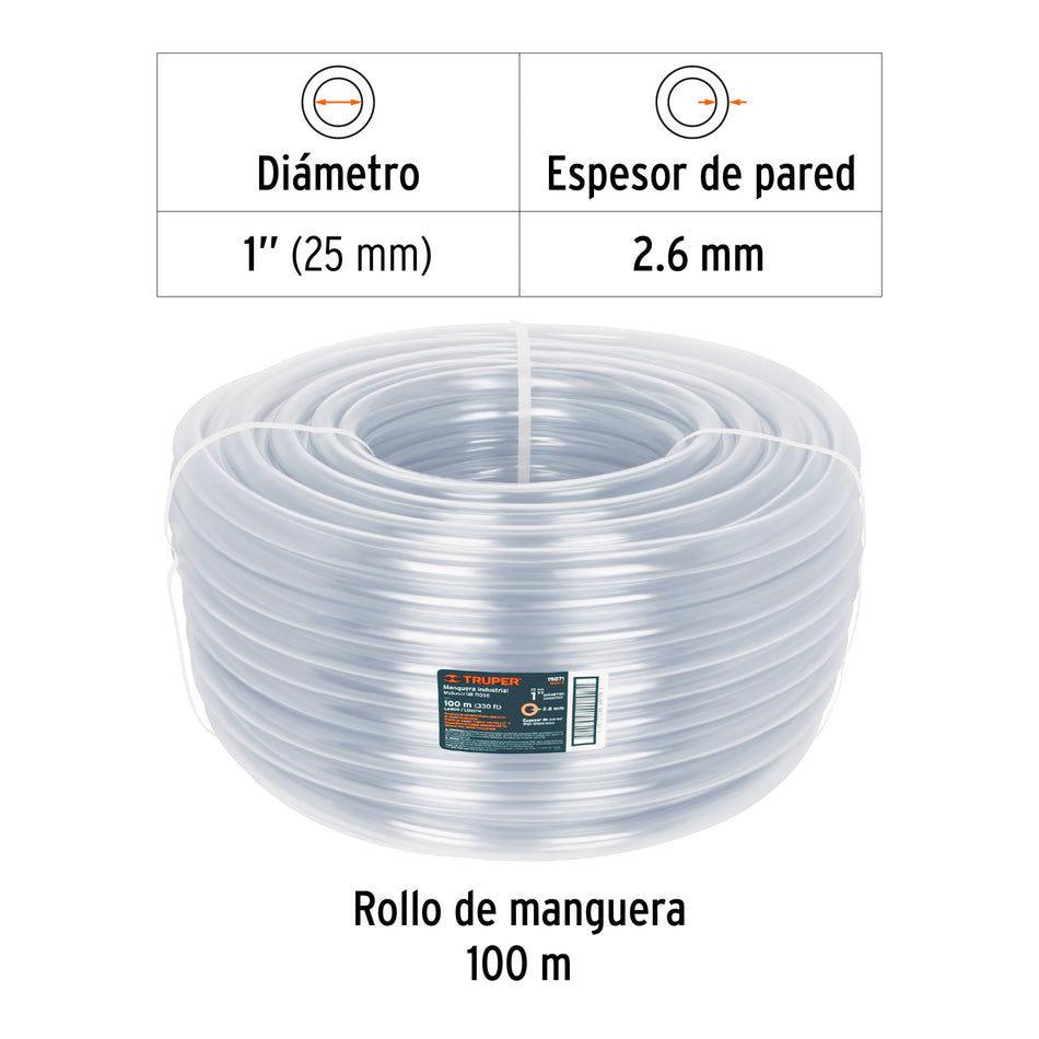 Metro de manguera 1' industrial en rollo de 100 m, Truper Caja con 100, 19871
